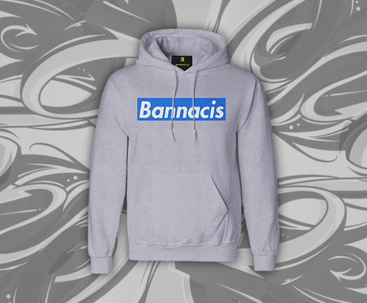 gray hoodie with blue box logo