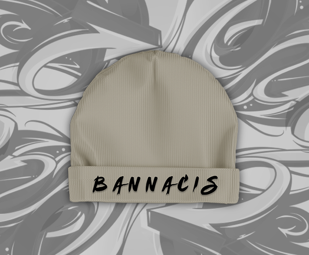 tan beanie hat, black Bannacis text